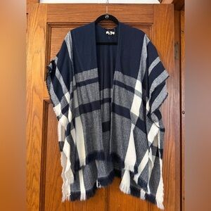 Navy and White Plaid Poncho Open Sweater
